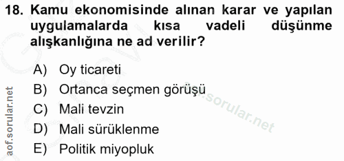 18. soru: Kamu ekonomisinde alınan karar ve yapılan uygulamalarda kısa vadeli düşünme alışkanlığına ne ad verilir? A) Oy ticare…