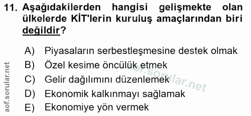 11. soru: Aşağıdakilerden hangisi gelişmekte olan ülkelerde KIT'lerin kuruluş amaçlarından biri değildir? A) Piyasaların serbes…