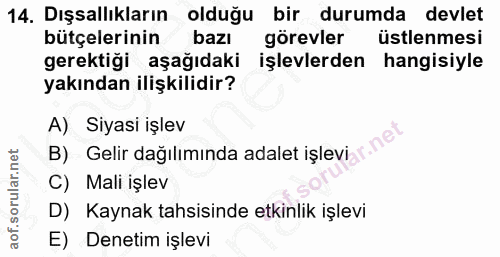 14. soru: Dışsallıkların olduğu bir durumda devlet bütçelerinin bazı görevler üstlenmesi gerektiği aşağıdaki işlevlerden hangis…