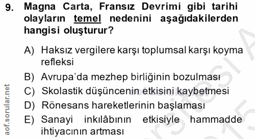 9. soru: Magna Carta, Fransız Devrimi gibi tarihi olayların temel nedenini aşağıdakilerden hangisi oluşturur? A) Haksız vergil…