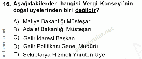 16. soru: Aşağıdakilerden hangisi Vergi Konseyi'nin doğal üyelerinden biri değildir? A) Maliye Bakanlığı Müsteşarı B) Adalet Ba…
