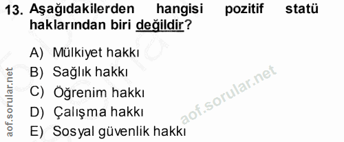 13. soru: Aşağıdakilerden hangisi pozitif statü haklarından biri değildir? A) Mülkiyet hakkı B) Sağlık hakkı C) Öğrenim hakkı D…