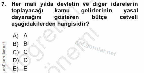 7. soru: Her mali yılda devletin ve diğer idarelerin toplayacağı kamu gelirlerinin yasal dayanağını gösteren bütçe cetveli aşa…