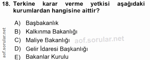 18. soru: Terkine karar verme yetkisi aşağıdaki kurumlardan hangisine aittir? A) Başbakanlık B) Kalkınma Bakanlığı C) Maliye Ba…