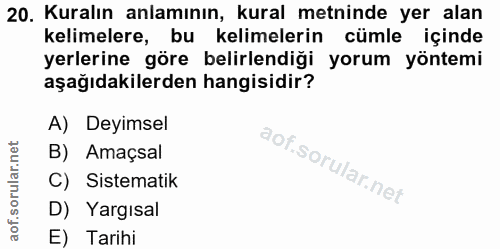 20. soru: Kuralın anlamının, kural metninde yer alan kelimelere, bu kelimelerin cümle içinde yerlerine göre belirlendiği yorum…