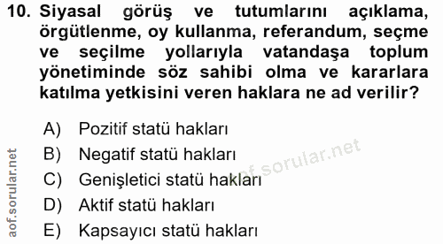 10. soru: Siyasal görüş ve tutumlarını açıklama, örgütlenme, oy kullanma, referandum, seçme ve seçilme yollarıyla vatandasa top…