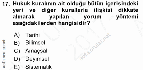17. soru: Hukuk kuralının ait olduğu bütün içerisindeki yeri ve diğer kurallarla ilişkisi dikkate alınarak yapılan yorum yöntem…