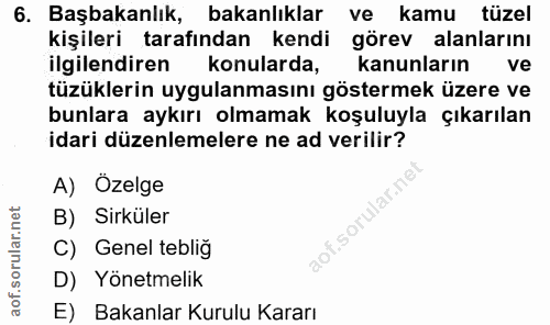 6. soru: Başbakanlık, bakanlıklar ve kamu tüzel kişileri tarafından kendi görev alanlarını ilgilendiren konularda, kanunların…