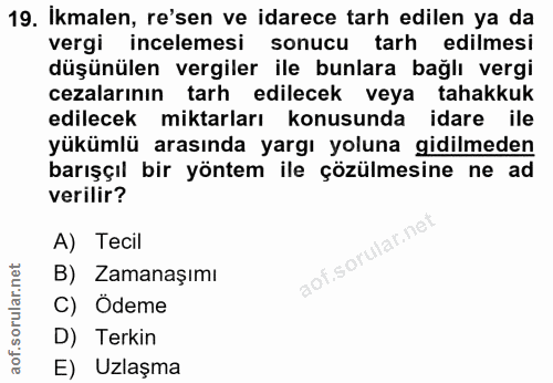 19. soru: Ikmalen, re'sen ve idarece tarh edilen ya da vergi incelemesi sonucu tarh edilmesi düşünülen vergiler ile bunlara bağ…