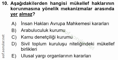 10. soru: Aşağıdakilerden hangisi mükellef haklarının korunmasına yönelik mekanizmalar arasında yer almaz? A) Insan Hakları Avr…
