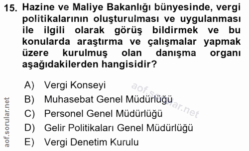 15. soru: Hazine ve Maliye Bakanlığı bünyesinde, vergi politikalarının oluşturulması ve uygulanması ile ilgili olarak görüş bil…