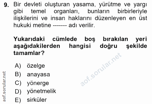 9. soru: Bir devleti oluşturan yasama, yürütme ve yargı gibi temel organları, bunların birbirleriyle ilişkilerini ve insan hak…