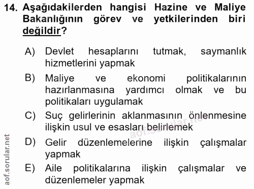14. soru: Aşağıdakilerden hangisi Hazine ve Maliye Bakanlığının görev ve yetkilerinden biri değildir? A) Devlet hesaplarını tut…