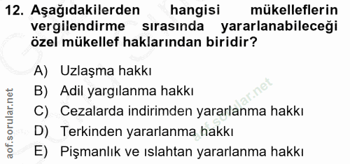 12. soru: Aşağıdakilerden hangisi mükelleflerin vergilendirme sırasında yararlanabileceği özel mükellef haklarından biridir? A)…