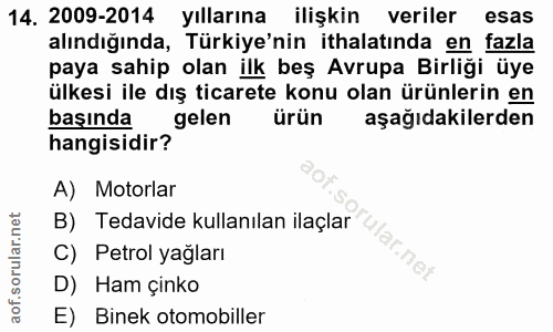 14. soru: 2009-2014 yıllarına ilişkin veriler esas alındığında, Türkiye'nin ithalatında en fazla paya sahip olan ilk beş Avrupa…