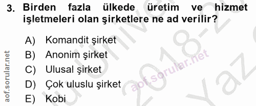 3. soru: Birden fazla ülkede üretim ve hizmet işletmeleri olan şirketlere ne ad verilir? A) Komandit şirket Anonim şirket sgru…
