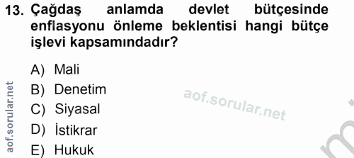 13. soru: Çağdaş anlamda devlet bütçesinde enflasyonu önleme beklentisi hangi bütçe işlevi kapsamındadır? A) Mali B) Denetim C)…