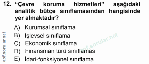 12. soru: "Çevre koruma hizmetleri" aşağıdaki analitik bütçe sınıflamasından hangisinde yer almaktadır? A) Kurumsal sınıflama B…