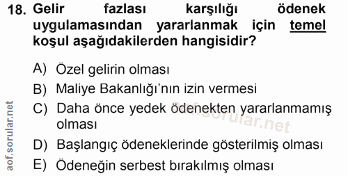18. soru: Gelir fazlası karşılığı ödenek uygulamasından yararlanmak için temel koşul aşağıdakilerden hangisidir? A) Ozel geliri…
