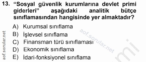 13. soru: "Sosyal güvenlik kurumlarına devlet primi giderleri" aşağıdaki analitik bütçe sınıflamasından hangisinde yer almaktad…