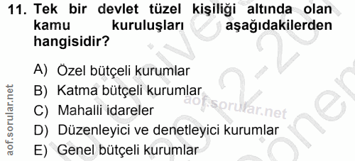 11. soru: Tek bir devlet tüzel kişiliği altında olan kamu kuruluşları aşağıdakilerden hangisidir? A) Özel bütçeli kurumlar B) K…
