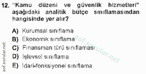 12. soru: "Kamu düzeni ve güvenlik hizmetleri" aşağıdaki analitik bütçe sınıflamasından hangisinde yer alır? A) Kurumsal sınıfl…