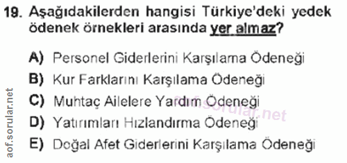 19. soru: Aşağıdakilerden hangisi Türkiye'deki yedek ödenek örnekleri arasında yer almaz? A) Personel Giderlerini Karşılama Ode…
