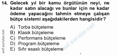 14. soru: Gelecek yıl bir kamu örgütünün neyi, ne kadar satın alacağı ve bunlar için ne kadar ödeme yapacağını tahmin etmeye ça…