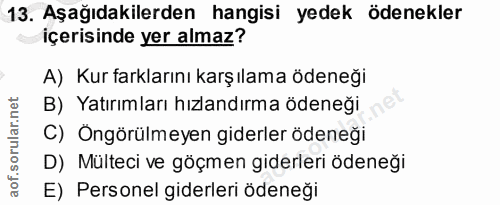 13. soru: Aşağıdakilerden hangisi yedek ödenekler içerisinde yer almaz? A) Kur farklarını karşılama ödeneği B) Yatırımları hızl…