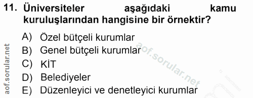 11. soru: Üniversiteler aşağıdaki kamu kuruluşlarından hangisine bir örnektir? A) Özel bütçeli kurumlar B) Genel bütçeli kuruml…
