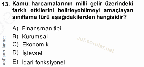 13. soru: Kamu harcamalarının milli gelir üzerindeki farklı etkilerini belirleyebilmeyi amaçlayan sınıflama türü aşağıdakilerde…