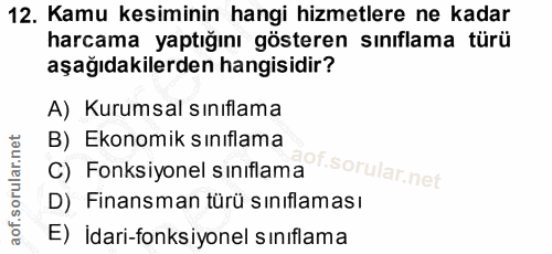 12. soru: Kamu kesiminin hangi hizmetlere ne kadar harcama yaptığını gösteren sınıflama türü aşağıdakilerden hangisidir? A) Kur…