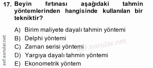 17. soru: Beyin fırtınası aşağıdaki tahmin yöntemlerinden hangisinde kullanılan bir tekniktir? A) Birim maliyete dayalı tahmin…