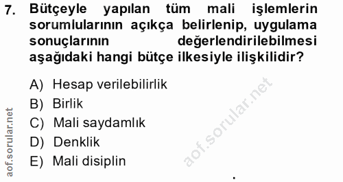 7. soru: Bütçeyle yapılan tüm mali işlemlerin sorumlularının açıkça belirlenip, uygulama sonuçlarının değerlendirilebilmesi aş…