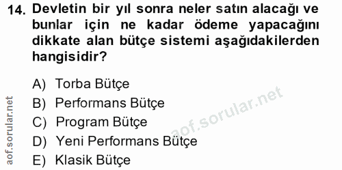 14. soru: Devletin bir yıl sonra neler satın alacağı ve bunlar için ne kadar ödeme yapacağını dikkate alan bütçe sistemi aşağıd…