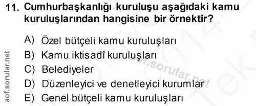 11. soru: Cumhurbaşkanlığı kuruluşu aşağıdaki kamu kuruluşlarından hangisine bir örnektir? A) Özel bütçeli kamu kuruluşları B)…