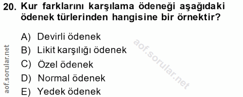 20. soru: Kur farklarını karşılama ödeneği aşağıdaki ödenek türlerinden hangisine bir örnektir? A) Devirli ödenek B) Likit karş…