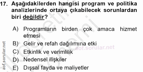 17. soru: Aşağıdakilerden hangisi program ve politika analizlerinde ortaya çıkabilecek sorunlardan biri değildir? A) Programlar…