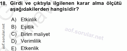 18. soru: Girdi ve çıktıyla ilgilenen karar alma ölçütü aşağıdakilerden hangisidir? A) Etkinlik B) Eşitlik C) Birim maliyet D)…