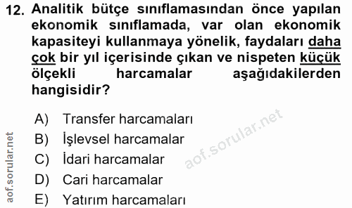 12. soru: Analitik bütçe sınıflamasından önce yapılan ekonomik sınıflamada, var olan ekonomik kapasiteyi kullanmaya yönelik, fa…