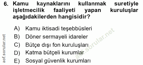 6. soru: Kamu kaynaklarını kullanmak suretiyle işletmecilik faaliyeti yapan kuruluşlar aşağıdakilerden hangisidir? A) Kamu ikt…
