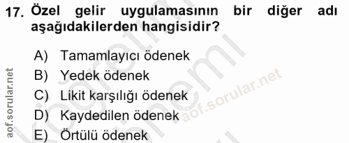 17. soru: Özel gelir uygulamasının bir diger adı aşağıdakilerden hangisidir? A) Tamamlayıcı ödenek B) Yedek ödenek orular.net C…