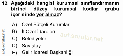 12. soru: Aşağıdaki hangisi kurumsal sınıflandırmanın birinci düzey kurumsal kodlar grubu içerisinde yer almaz? A) Özel Bütçeli…