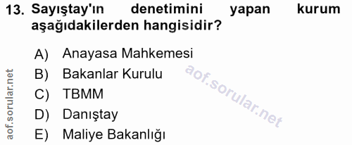 13. soru: Sayıştay'ın denetimini yapan kurum aşağıdakilerden hangisidir? A) Anayasa Mahkemesi B) Bakanlar Kurulu C) TBMM D) Dan…