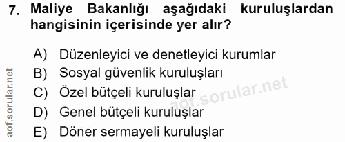 7. soru: Maliye Bakanlığı aşağıdaki kuruluşlardan hangisinin içerisinde yer alır? A) Düzenleyici ve denetleyici kurumlar C) Öz…