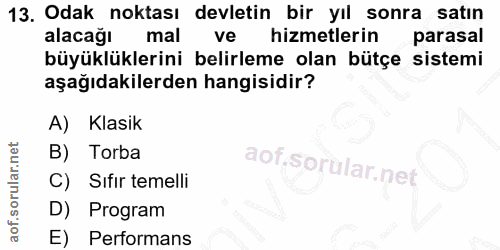 13. soru: Odak noktası devletin bir yıl sonra satın alacağı mal ve hizmetlerin parasal büyüklüklerini belirleme olan bütçe sist…