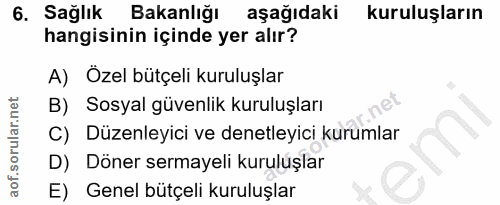 6. soru: Sağlık Bakanlığı aşağıdaki kuruluşların hangisinin içinde yer alır? A) Özel bütçeli kuruluşlar B) Sosyal güvenlik kur…