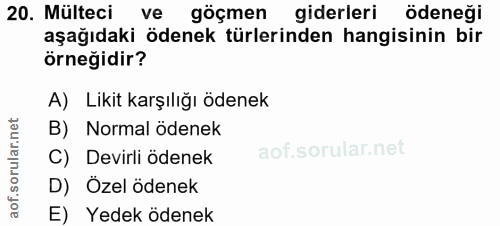 20. soru: Mülteci ve göçmen giderleri ödeneği aşağıdaki ödenek türlerinden hangisinin bir örneğidir? A) Likit karşılığı ödenek…