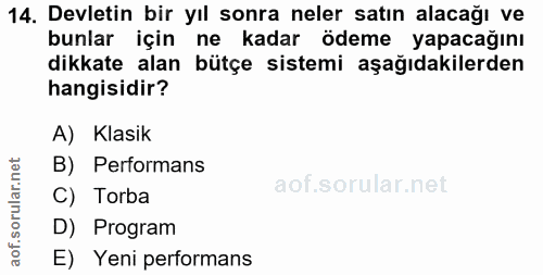 14. soru: Devletin bir yıl sonra neler satın alacağı ve bunlar için ne kadar ödeme yapacağını dikkate alan bütçe sistemi aşağıd…