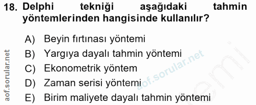 18. soru: Delphi tekniği aşağıdaki tahmin yöntemlerinden hangisinde kullanılır? A) Beyin fırtınası yöntemi B) Yargıya dayalı ta…